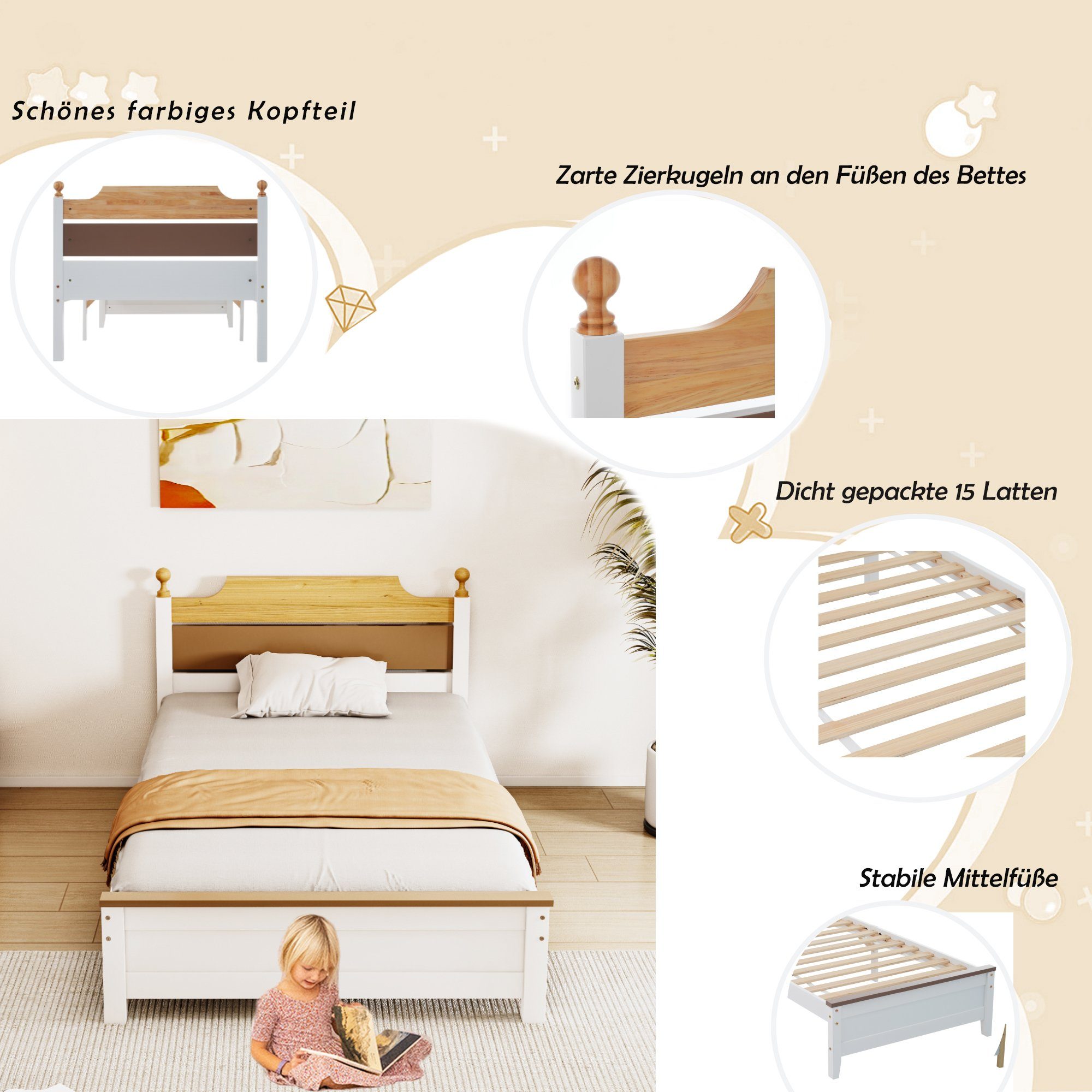 Flieks Massivholzbett, Einzelbett Kiefernholzbett mit Kopfteil und Lattenrost 90x200cm
