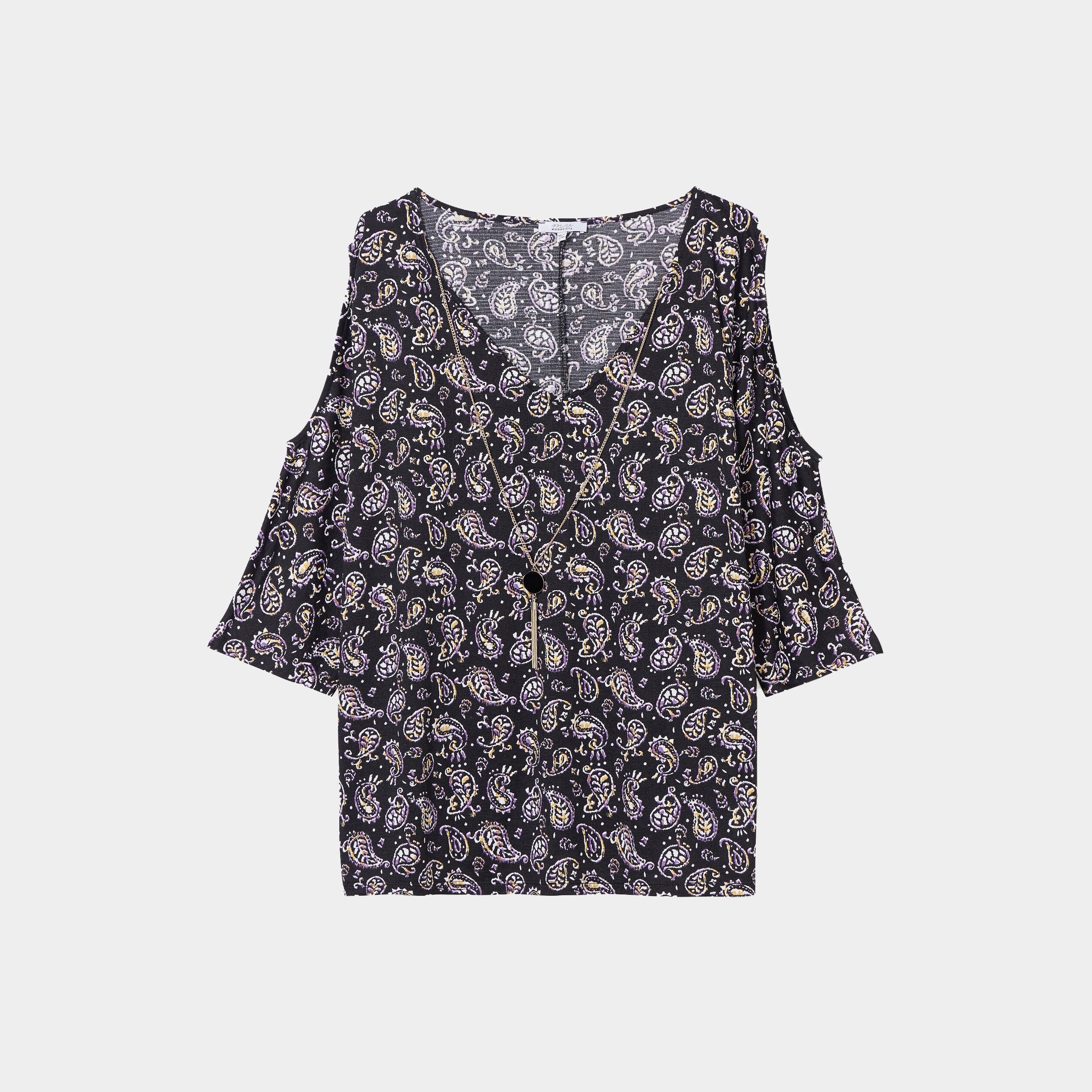 T-shirt bijoux col V ouvertures épaules noir femme grande taille | La Halle