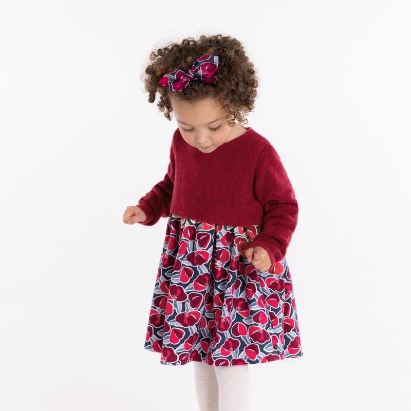 Robe bi-matière maille et seersucker rose bébé fille