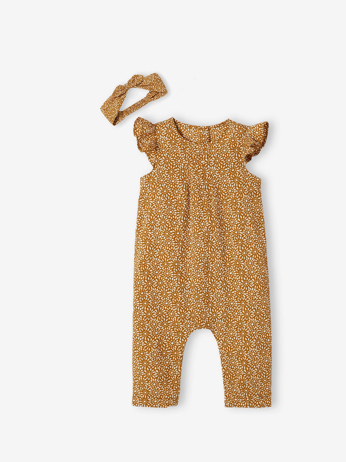 Ensemble combinaison + bandeau imprimés bébé fille caramel