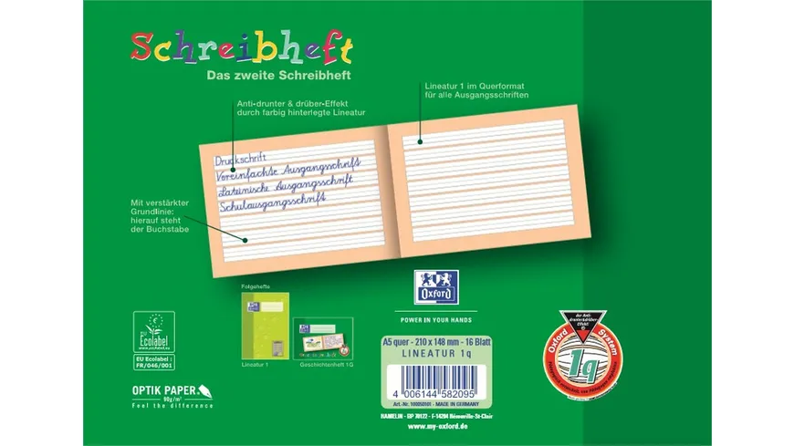 Oxford Schreiblernheft A5 Lineatur 1Q quer 16 Blatt