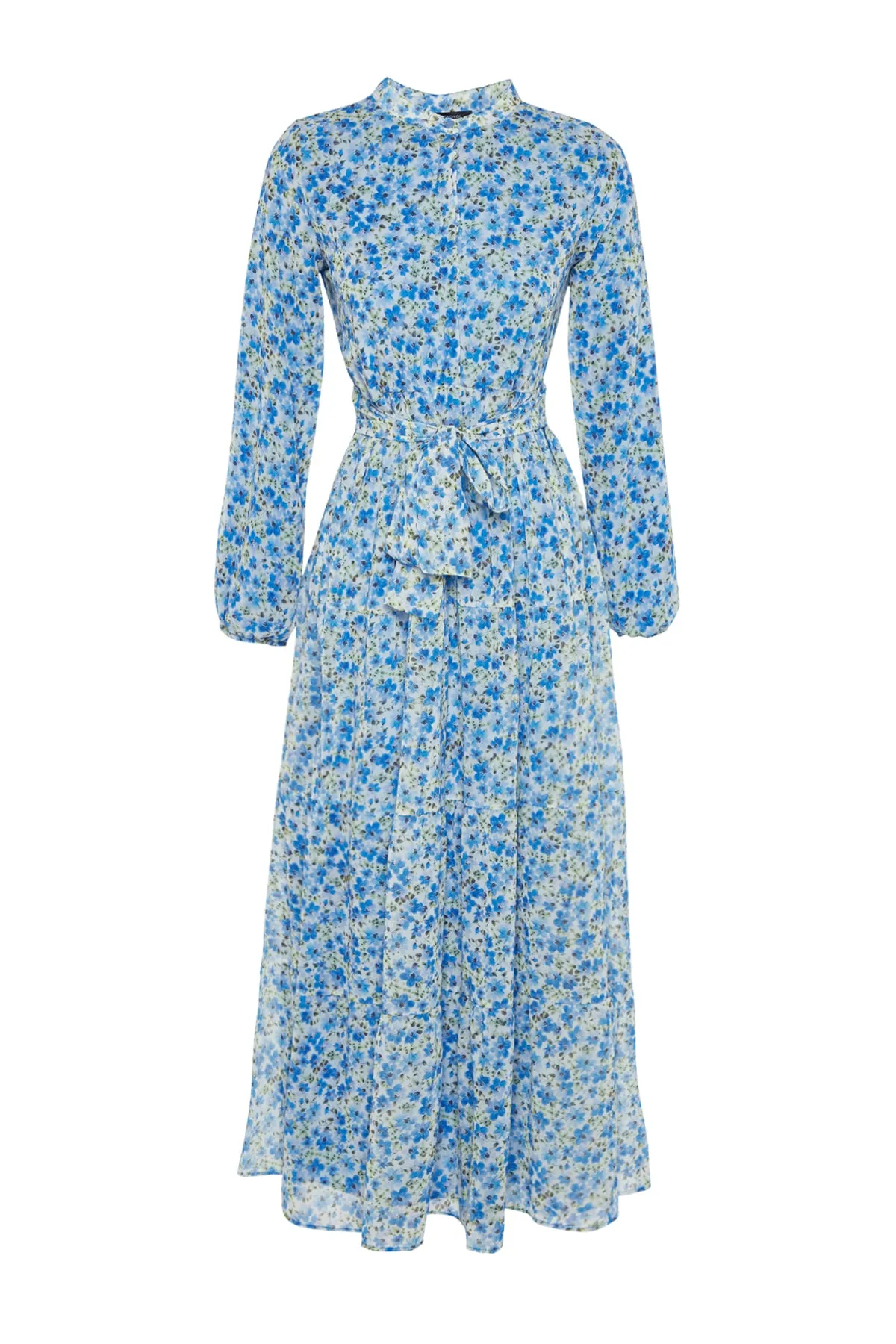 Trendyol Modest  Hellblaues Kleid aus gewebtem Chiffon mit Blumenmuster, Gürtel, Stehkragen und Futter TCTSS21EL3346
