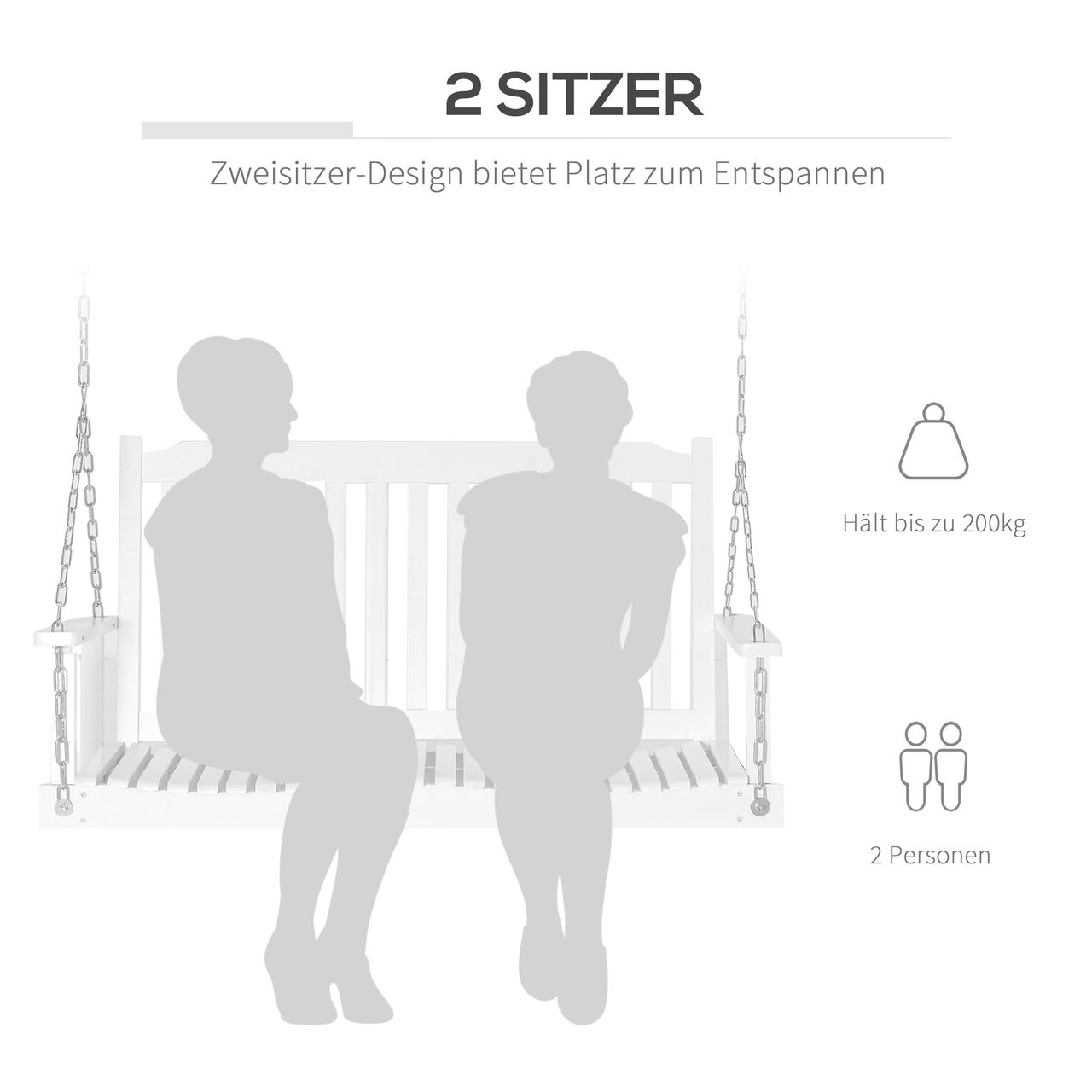 Outsunny Gartenschaukel für 2 Personen Schaukelbank Hängebank Massivholz Patio Terrasse Hinterhof Weiß 117 x 69 x 60 cm