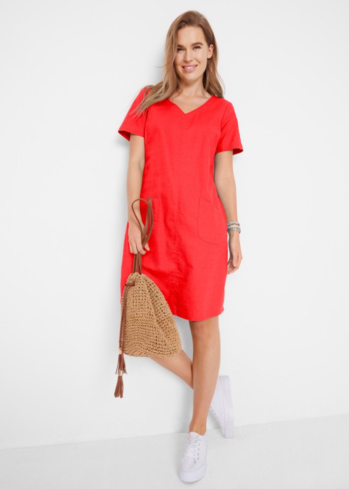 Knielanges Kleid mit Leinen und V-Ausschnitt, Halbarm