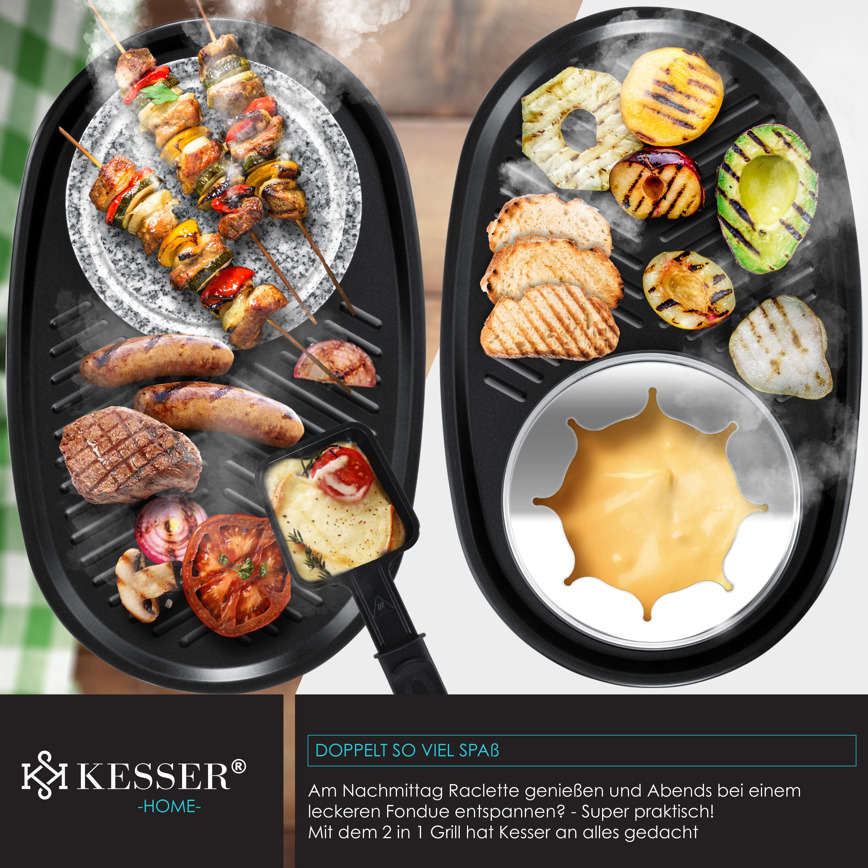 KESSER Raclette, 8 Raclettepfännchen, 1500 W, 3in1 Raclette-Grill mit Naturgrillstein, Grillplatte u. Fondue