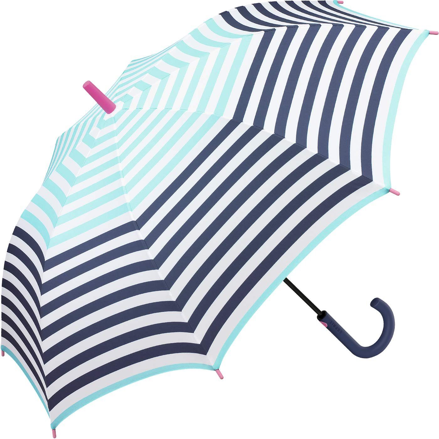 Esprit Langregenschirm großer Regenschirm für Damen mit Auf-Automatik, mit jugendlichem Streifenmuster - hellblau-navy