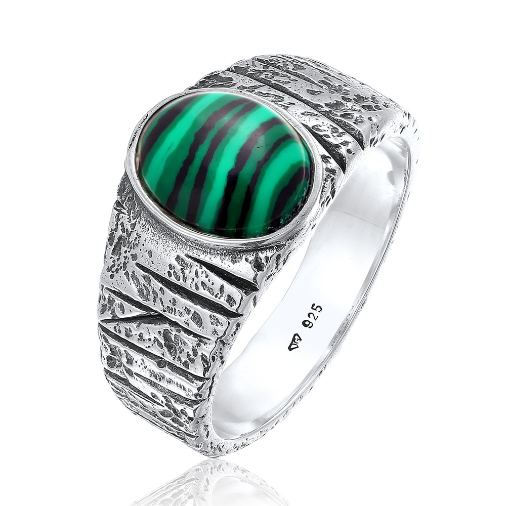 KUZZOI KUZZOI Bague Hommes Sceau Ovale Structuré avec Malachite Vert en Argent Sterling  Bague