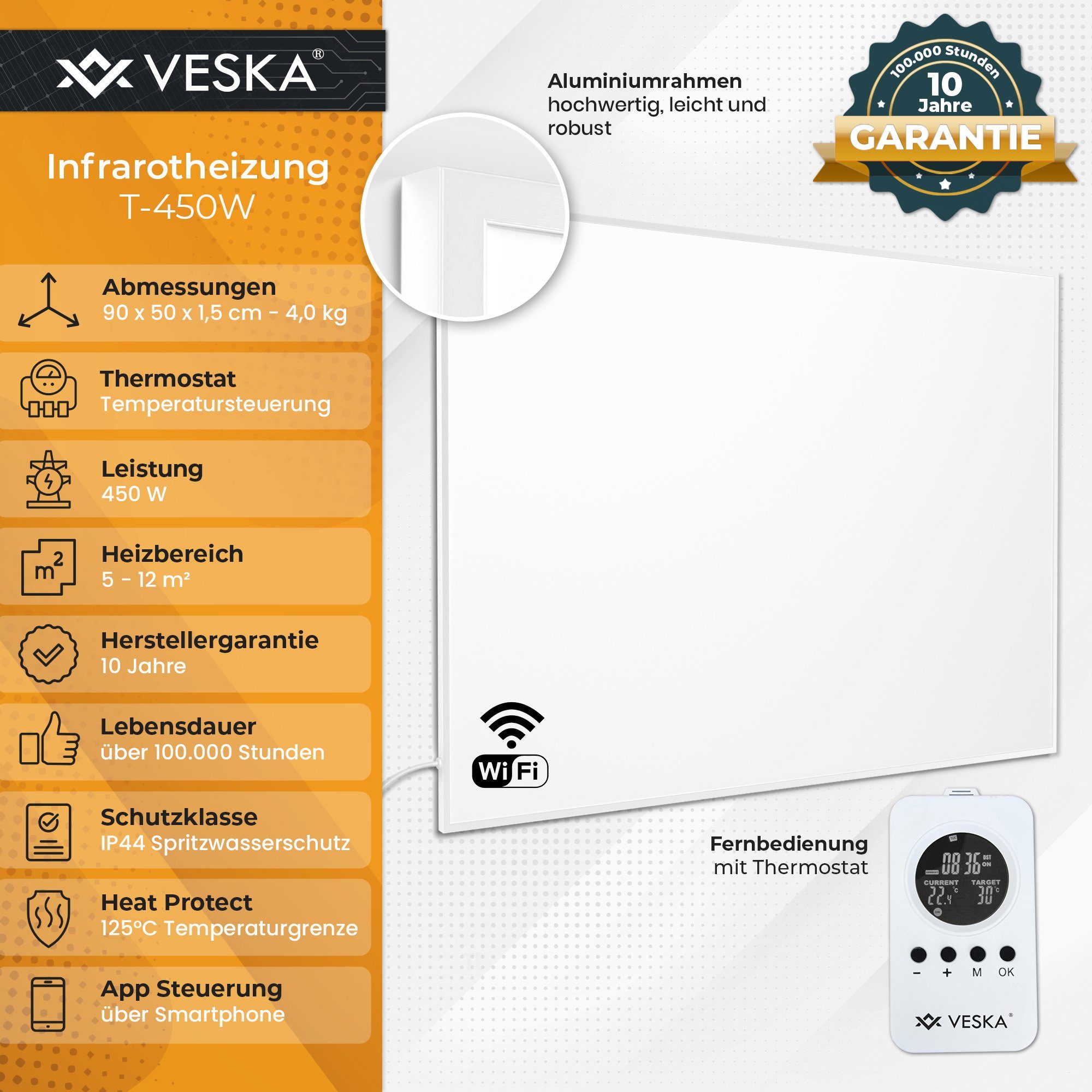 VESKA Infrarotheizung inkl. Thermostat APP-Funktion Wifi Fernbedienung und Timer, 10 Jahre Garantie Wandheizung Elektro Heizung Abschaltautomatik