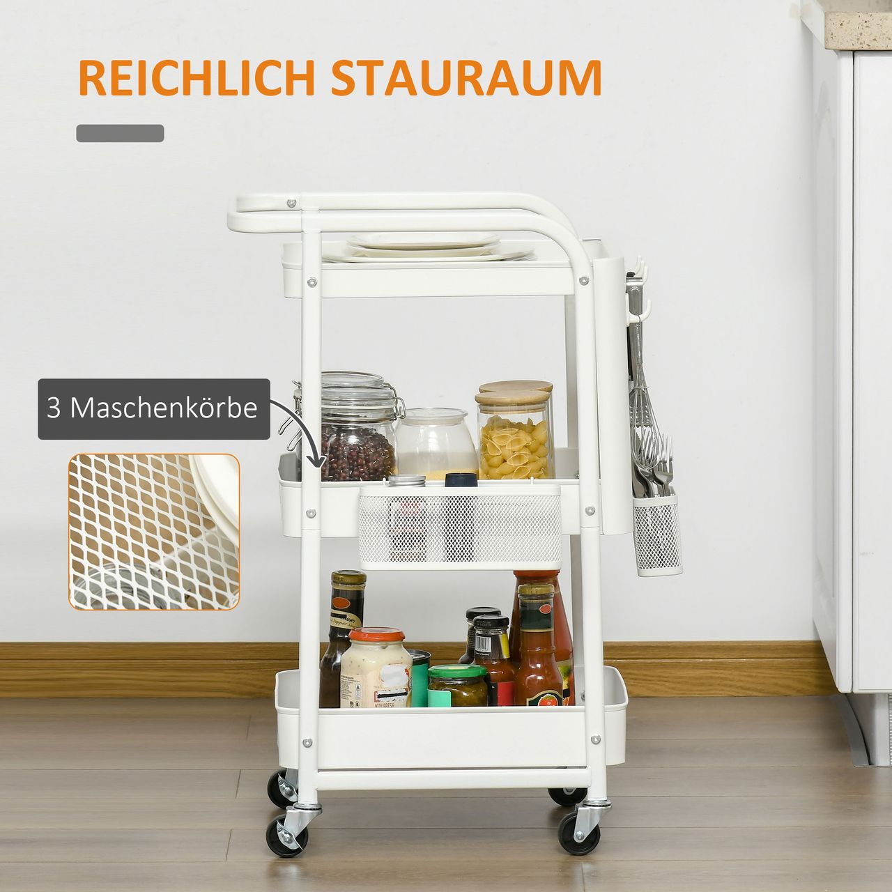 HOMCOM Rollwagen 3-Etagen Küchenwagen mit Schubladen und Korb für Küche Büro Aufbewahrungswagen Servierwagen Küchenregal mit Rollen Schlafzimmer Wohnzimmer Stahl Weiß 51,5 x 32 x 75,6 cm