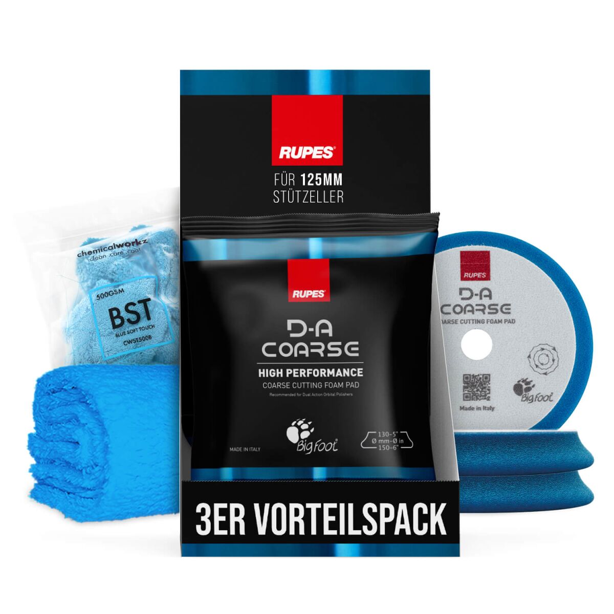 3x Rupes BigFoot Polierschwamm D-A Coarse Ø130-150mm blau   Tuch