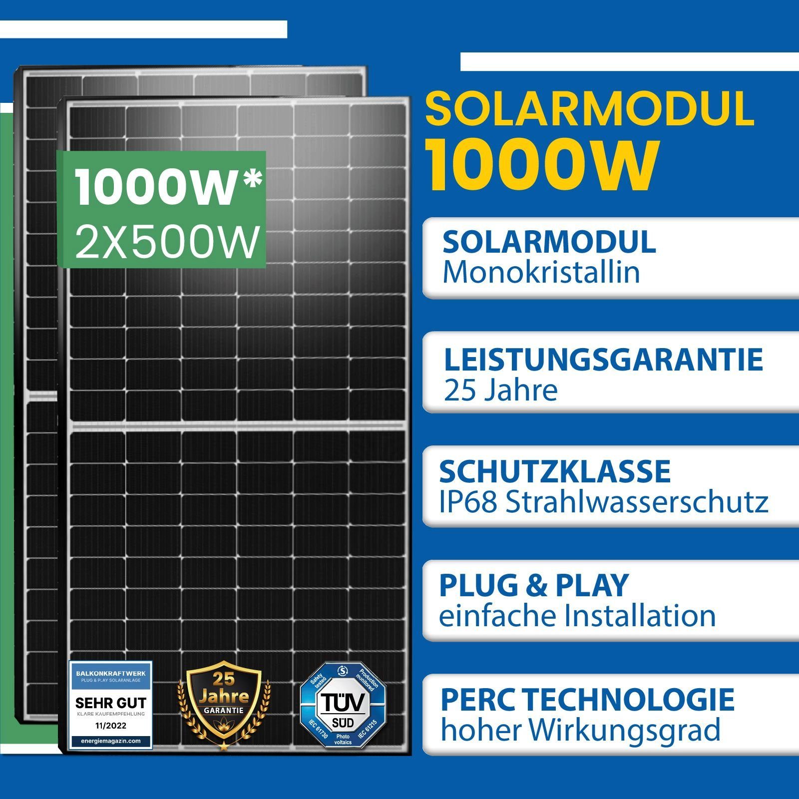 EPP.Solar Solaranlage 1000W Photovoltaik Balkonkraftwerk Komplettset Solarmodule, Monokristallin, (Mit Halterung Aufständerung Ost-West PV-Montage Balkon Mini-PV Anlage, DEYE WLAN Wechselrichter 600W Upgradebar auf 800W), Balkon-Solaranlage steckerfe