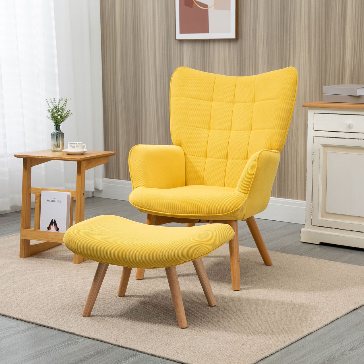HOMCOM Ohrensessel mit Hocker, Relaxsessel, Polstersessel in Cord-Optik, Gelb