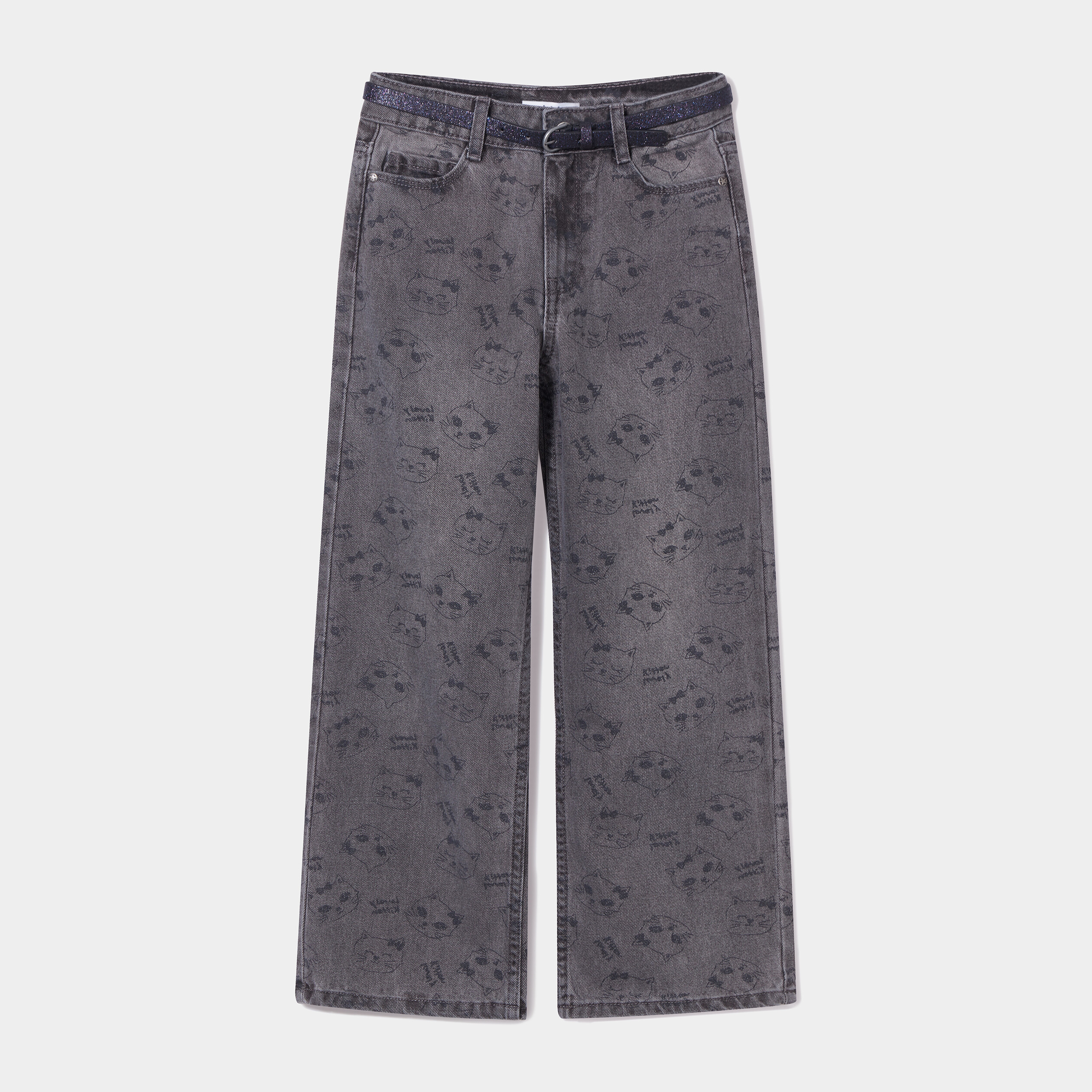 Jeans large ceinture pailletée coton gris foncé fille | La Halle