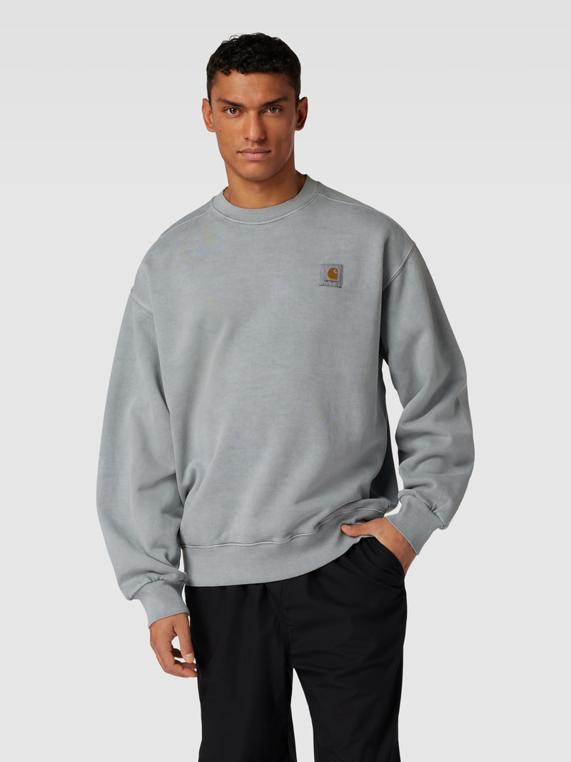 Sweatshirt mit Label-Patch Modell 'VISTA' in eisblau meliert