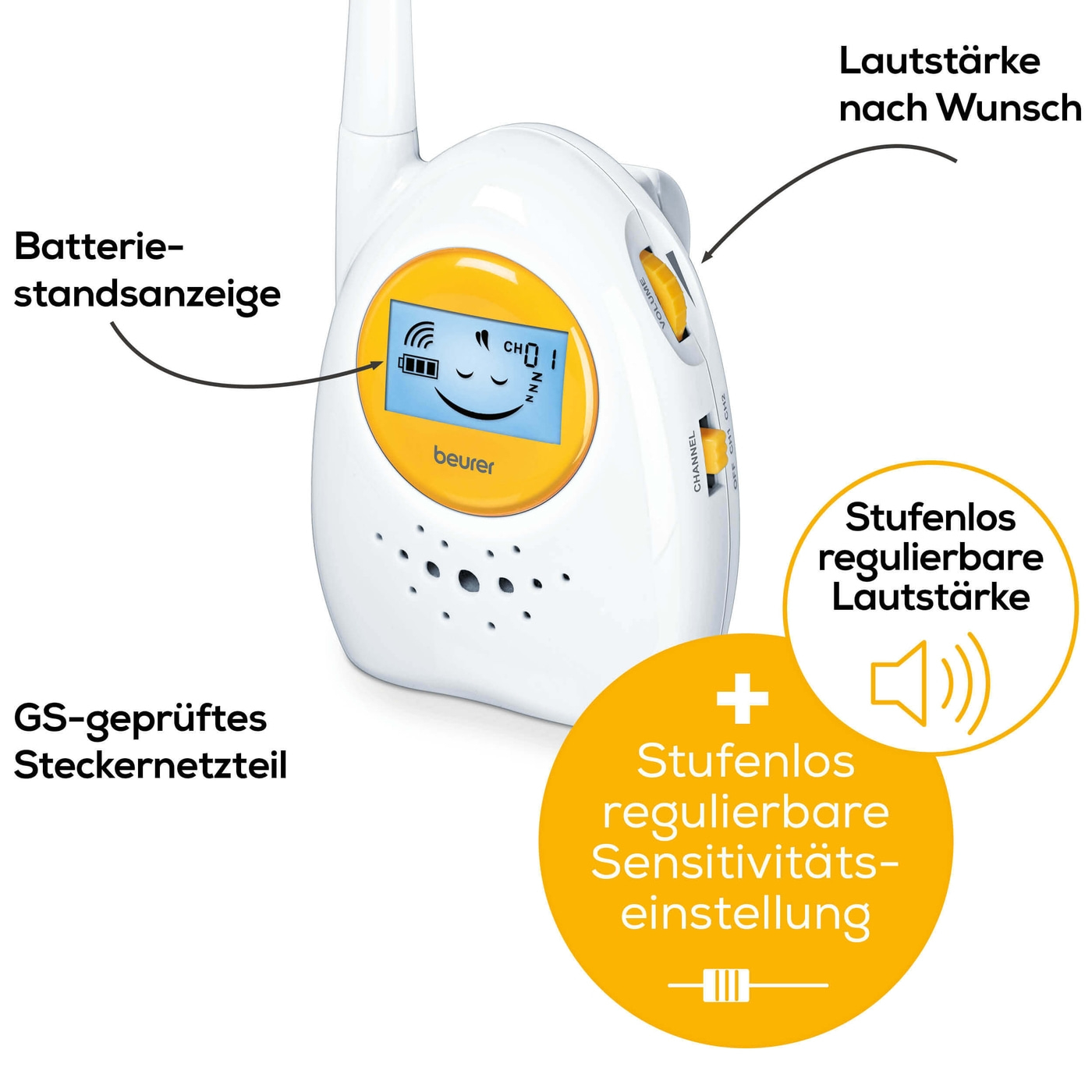 Beurer Analoges Babyphone BY 84-Raumüberwachungsgerät mit hoher Reichweite von 800 m