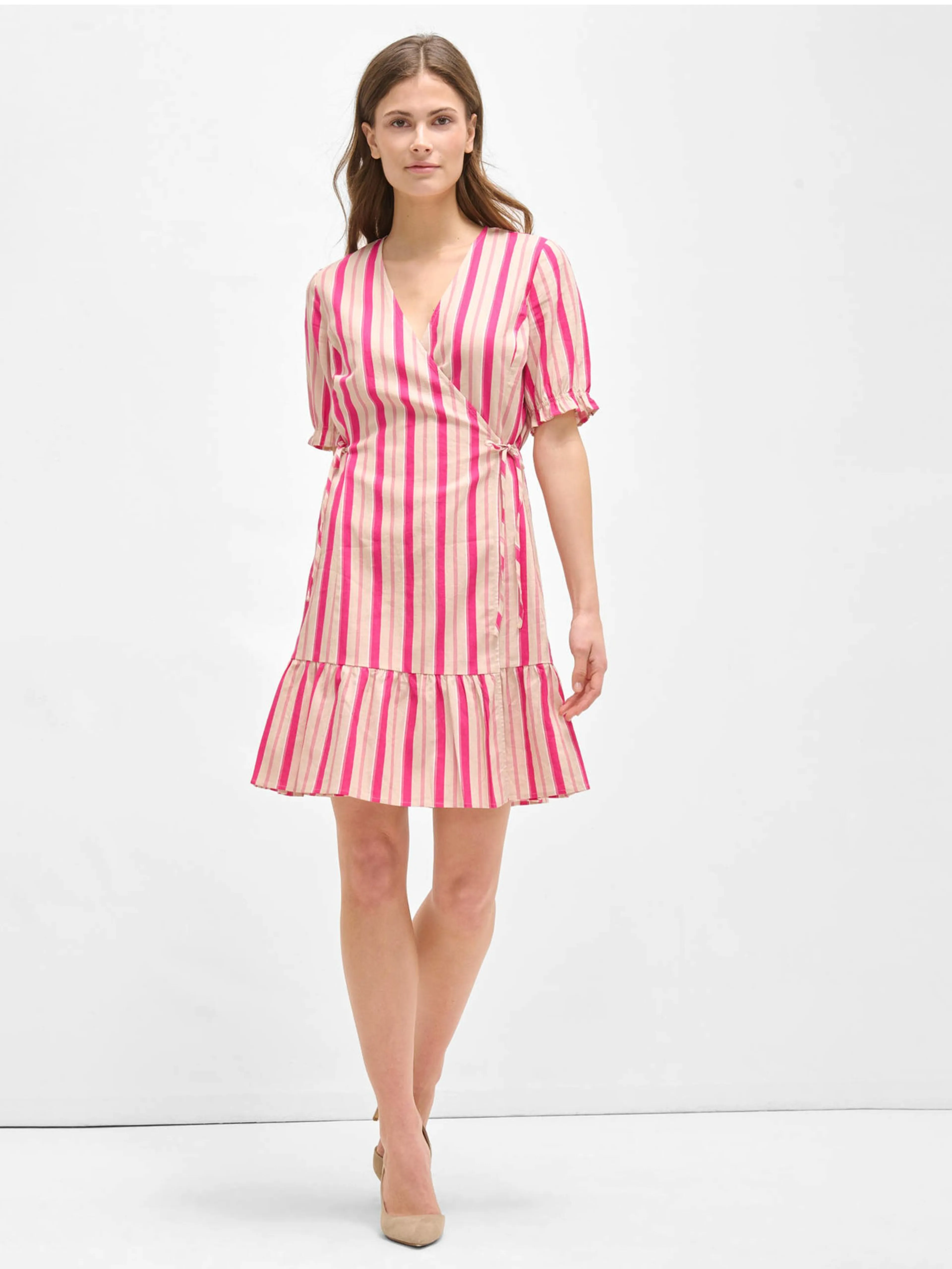 Rosa gestreiftes Leinen Wickelkleid ORSAY