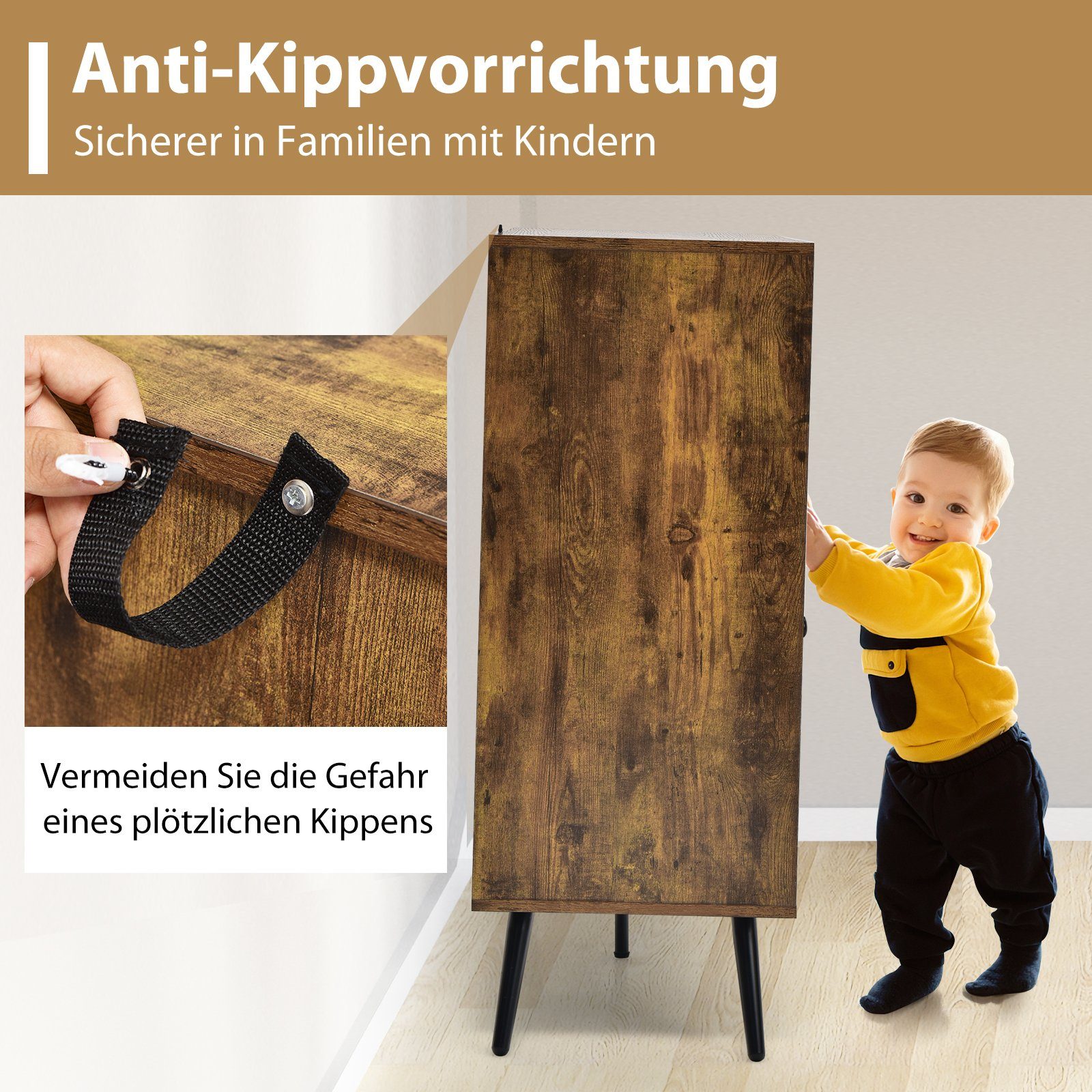 COSTWAY Küchenbuffet mit Glastüren & Fächern, Kippschutz, 100x39,5x100cm