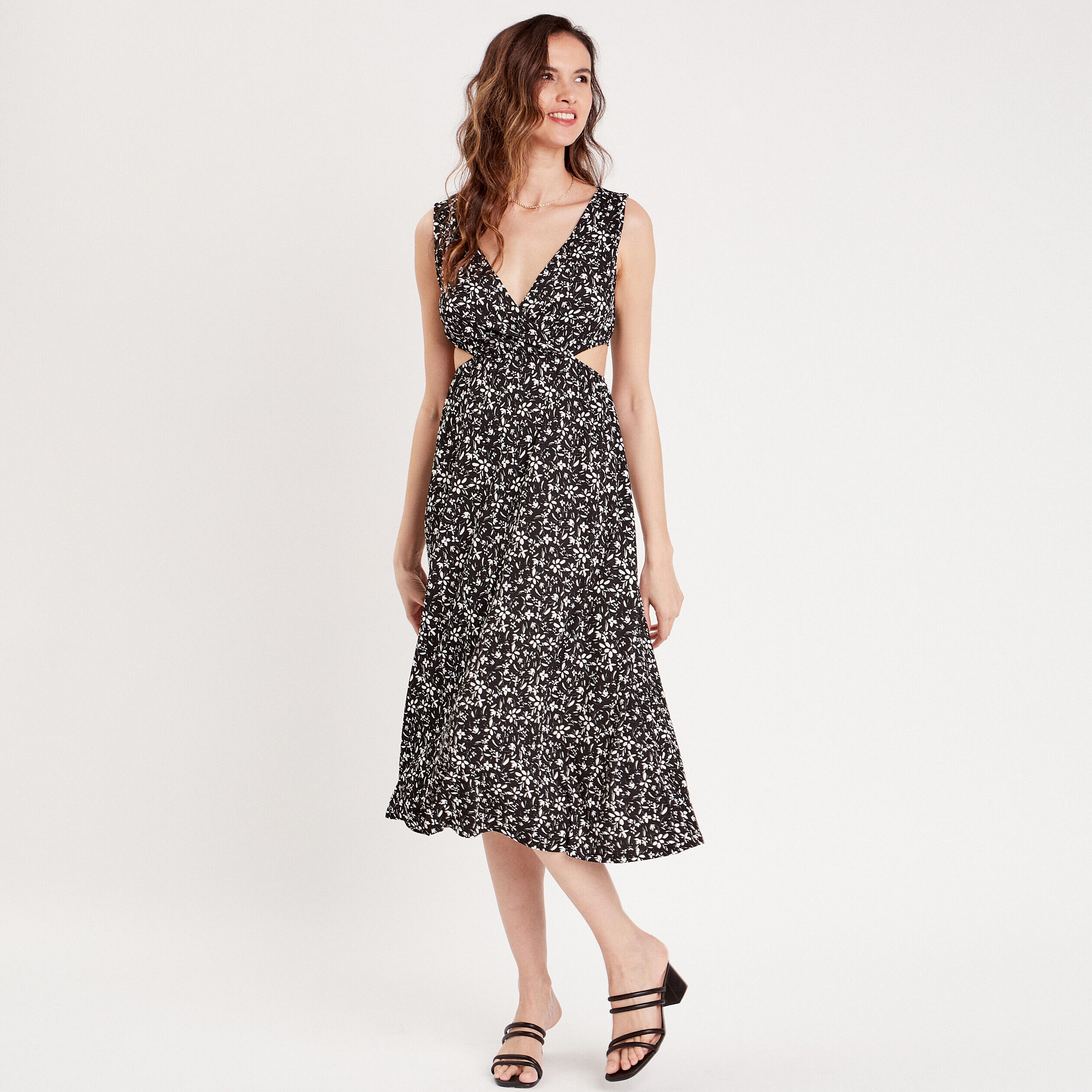Robe midi évasée ouvertures noir femme | Cache Cache