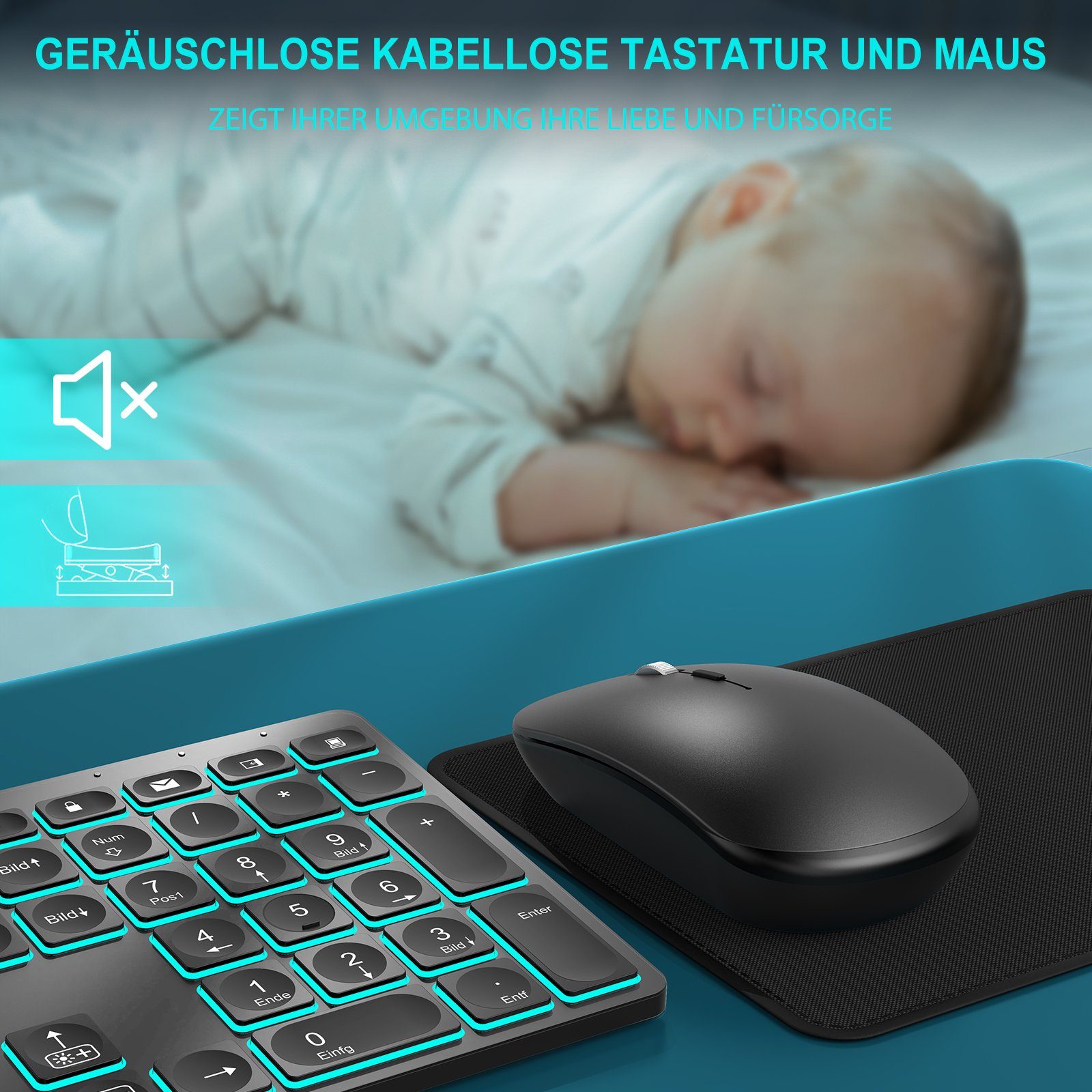 Vbrisi Kabelloses Tastatur Maus Set, Dünn 2.4GHz Tastatur Maus Set Kabellos Tastatur- und Maus-Set