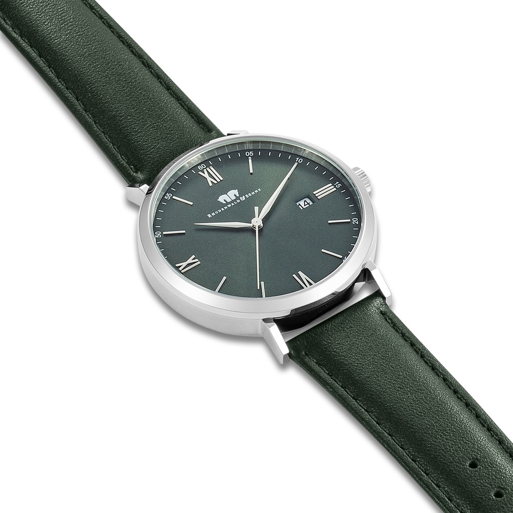 Rhodenwald & Söhne Montre à quartz Adelsmann Argent Cuir véritable en Vert foncé Montre