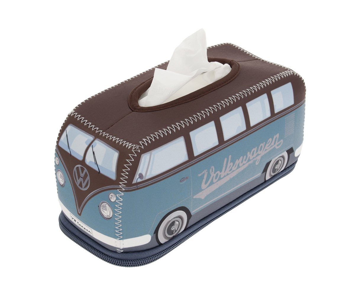 VW Collection by BRISA Papiertuchbox Volkswagen Neopren Kosmetik-Serviettenspender, Papiertaschentuchbox, fürs Bad im T1 Bulli Bus Design in Petrol/Braun