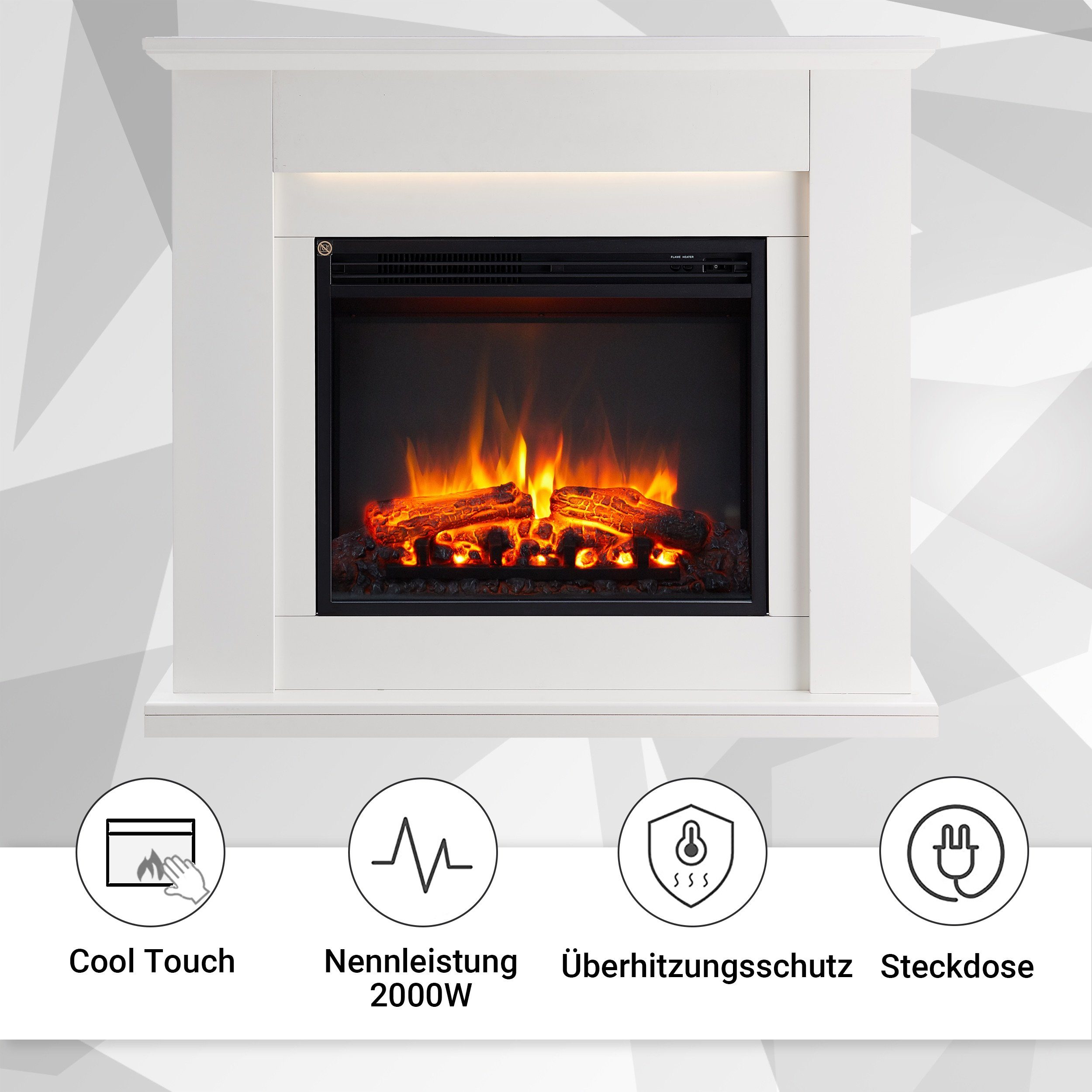 CrownFlame Elektrokamin Hektor, Standkamin mit Heizung 2000W, Heizung, LED-Beleuchtung, 3D-Flammeneffekt & Fernbedienung