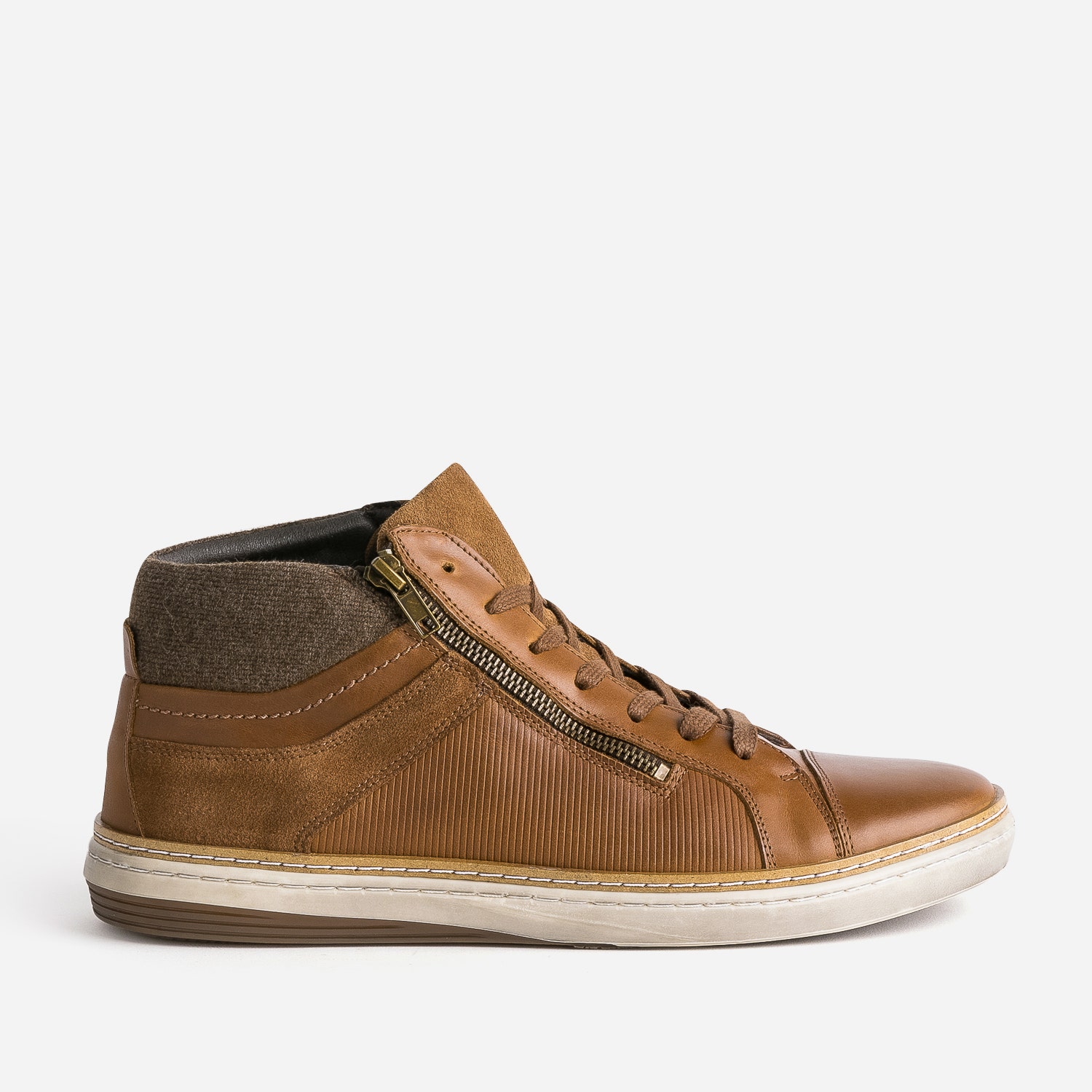 Basket cognac cuir empiècement textile