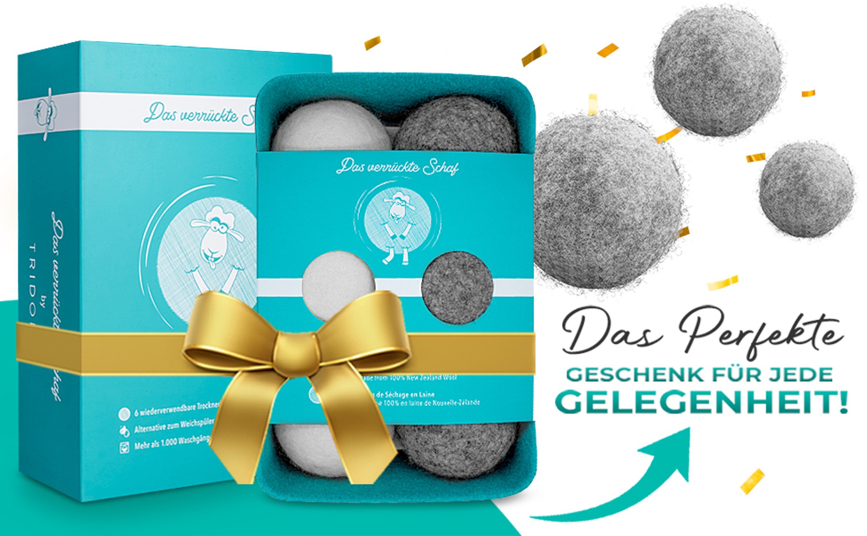 Tridono Trocknerball Das Verrückte Schaf Trocknerbälle Nachhaltige Dryer Balls für Wäschetrockner 6er Set weiße Filzbälle aus 100% Schafwolle mit Aufbewahrungsbox Natürlicher Weichspüler-Ersatz.