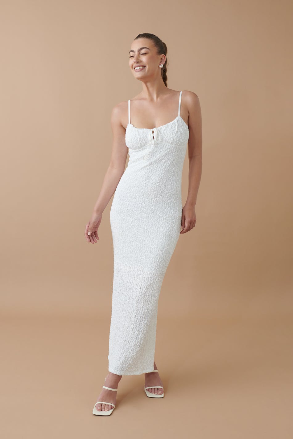 Gathered bust lace strap dress