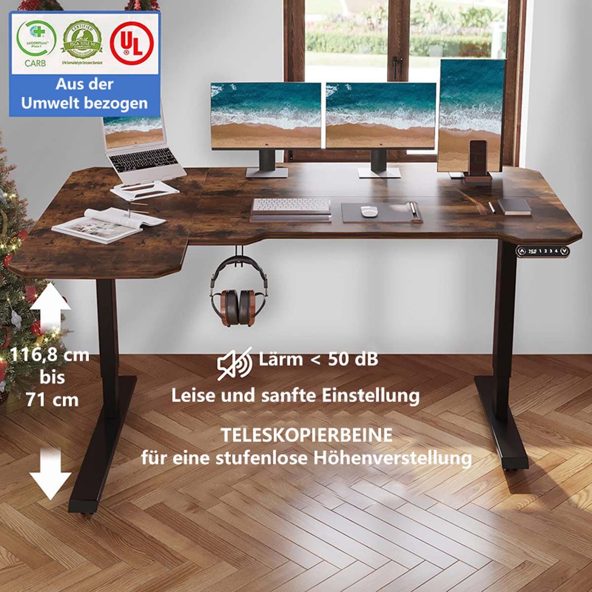 Radlove Schreibtisch Höhenverstellbarer Schreibtisch (150 CM, 4-Memory Steuerung, Rollen, Haken, Drahtkorb), Schreibtisch Höhenverstellbar Elektrisch L Form