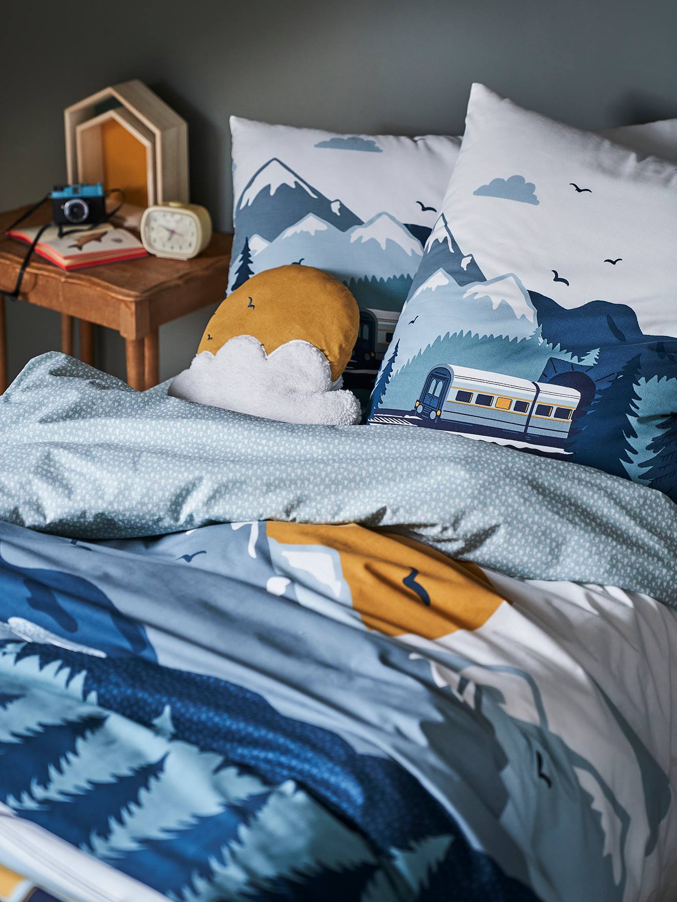 Parure housse de couette + taie d'oreiller enfant SUR LES RAILS vert
