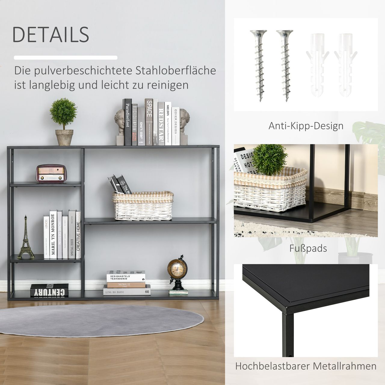 HOMCOM Standregal Bücherregal Lagerregal Aktenregal mit 5 offenen Fächern Küchenregal Metall Schwarz 120 x 35 x 87,5 cm