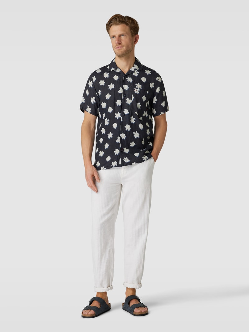 Leinenhemd mit floralem Allover-Muster Modell 'MONO FLOWER' in marineblau