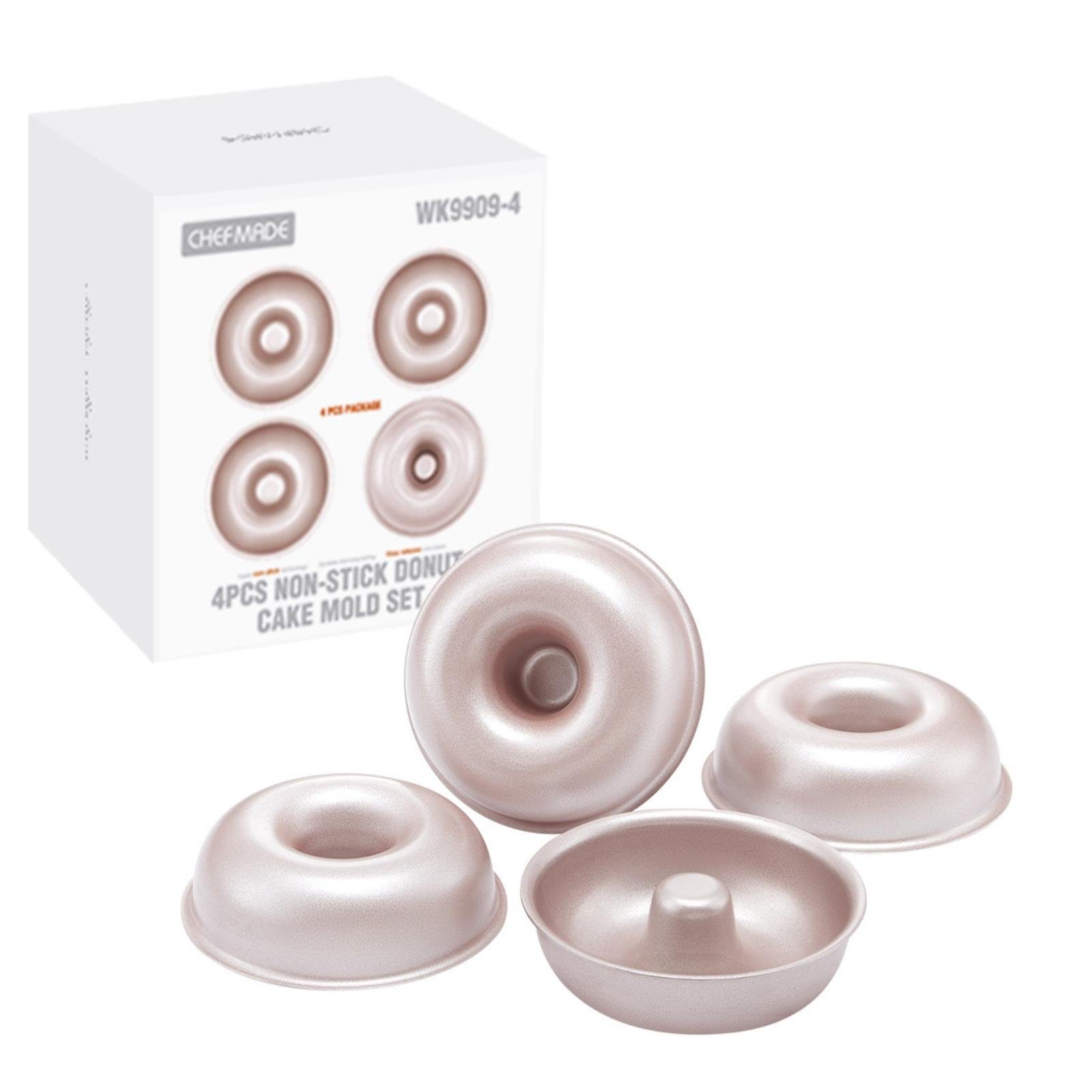 Chefmade Donutform Donutblech, antihaft- & silikonbeschichtet, champagnergold, (CHEFMADE, 4er Set Donut Formen, 74x22mm, Champagnergold, antihaft- & silikonbeschichtet, Mini-Kuchen, Muffinform, Törtchen-Form, Partykuchen, Karbonstahl 4-tlg), Donutfor