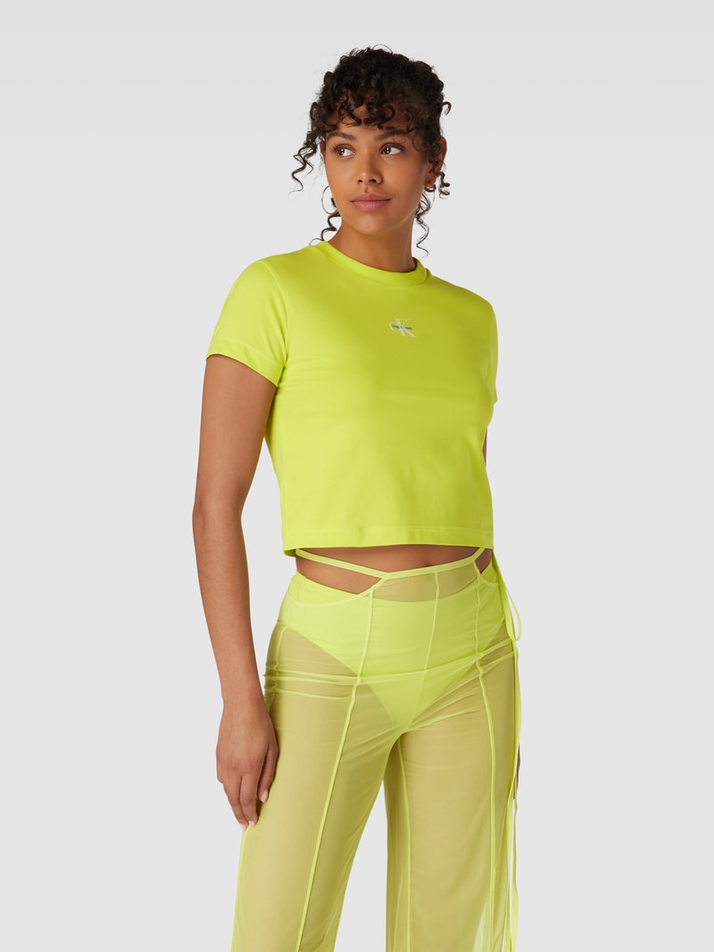 Cropped T-Shirt mit Label-Print Modell 'MONOLOGO BABY TEE' in neon gelb
