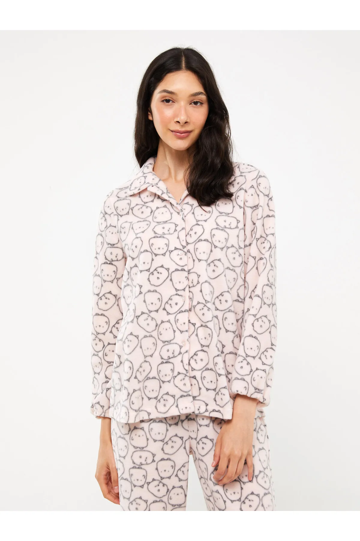 LC Waikiki  Damen-Pyjama-Set aus gemustertem Hemdkragen mit langen Ärmeln aus Fleece