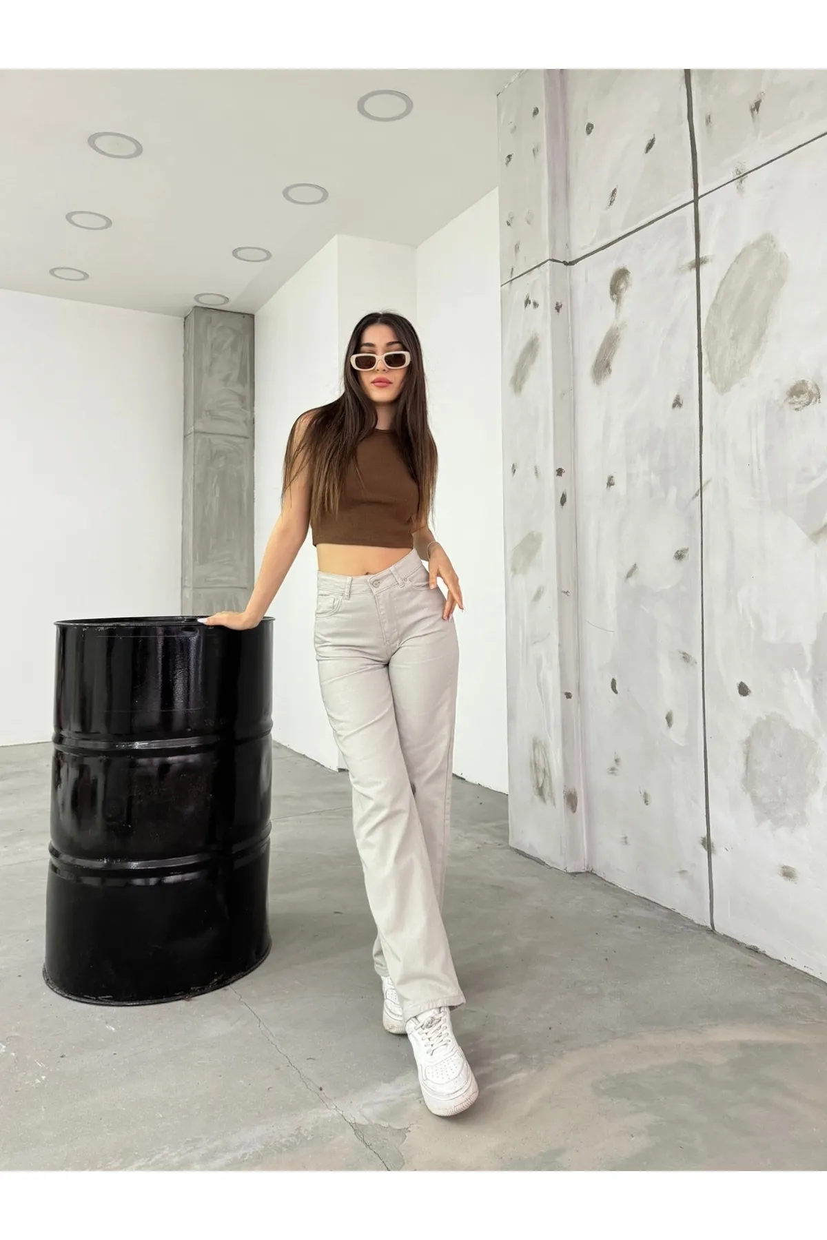 BİKELİFE  Damen-Palazzo-Hose mit hohem Bund und weitem Bein in Steinoptik