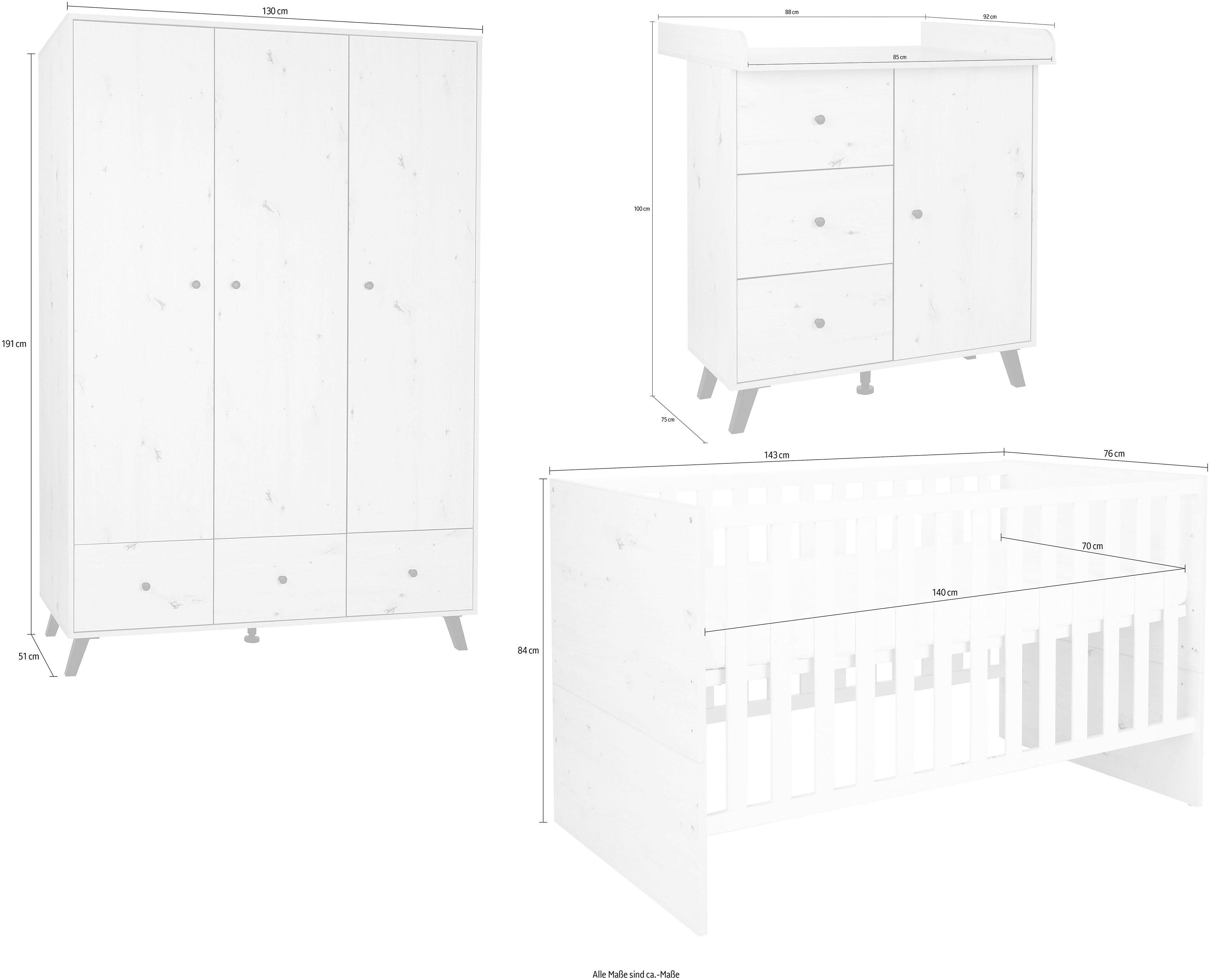arthur berndt Babyzimmer-Komplettset Babyzimmer Set Lavea 3-teilig, (Set, Babymöbel-Set Lavea: Kleiderschrank, Kinderbett und Wickelkommode)