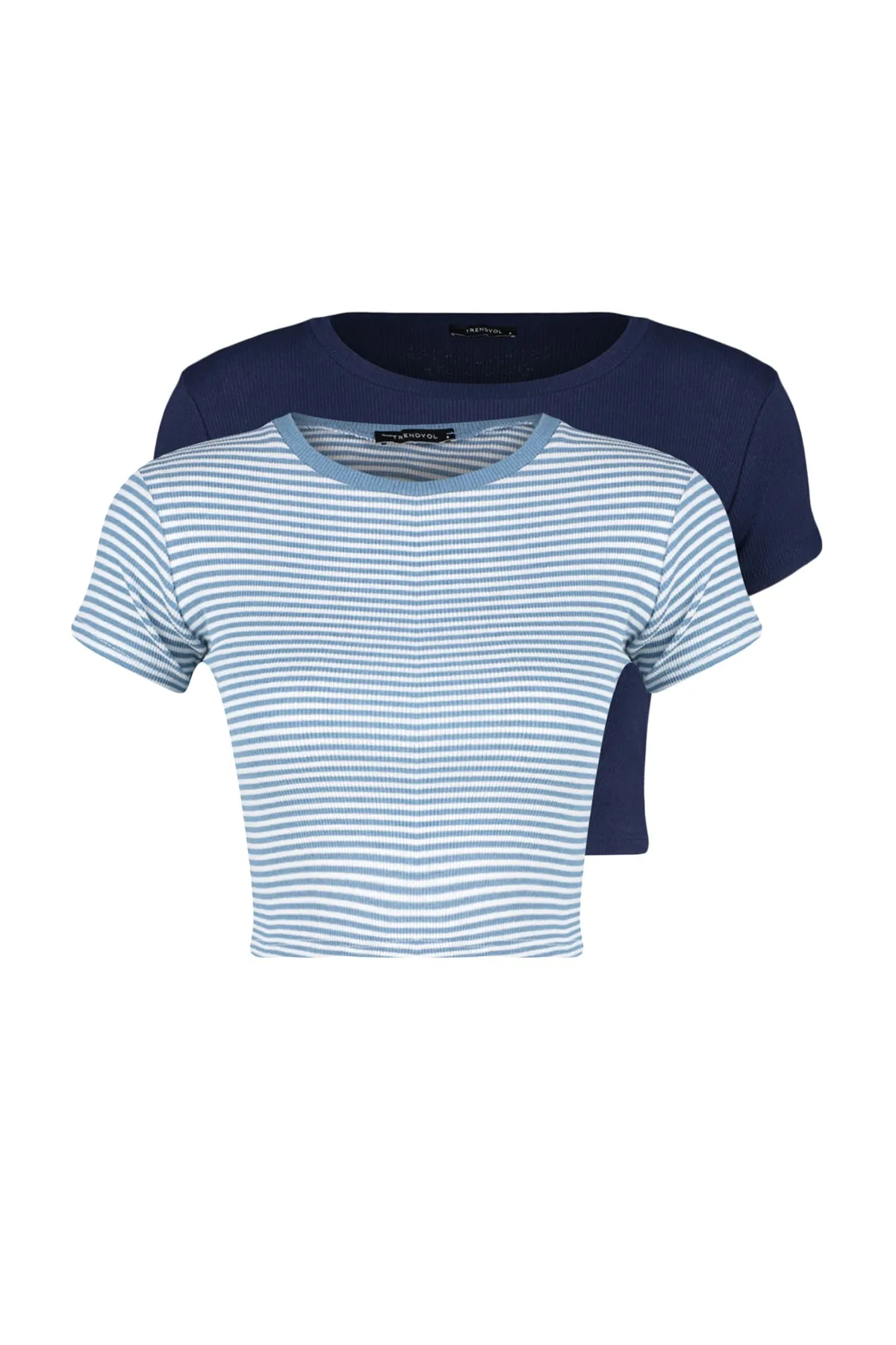 Trendyol Collection  Blau gestreift-Marineblau, einfarbig, 2er-Pack taillierte, kurz geschnittene, schnurgebundene Strickbluse TWOSS23BZ00388