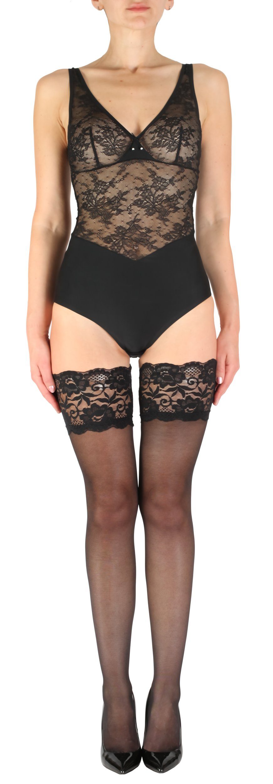 GIULIA Halterlose Strümpfe sexy floral gemusterter breiter Spitzenband 20 Den Spitzen (1-Paar)