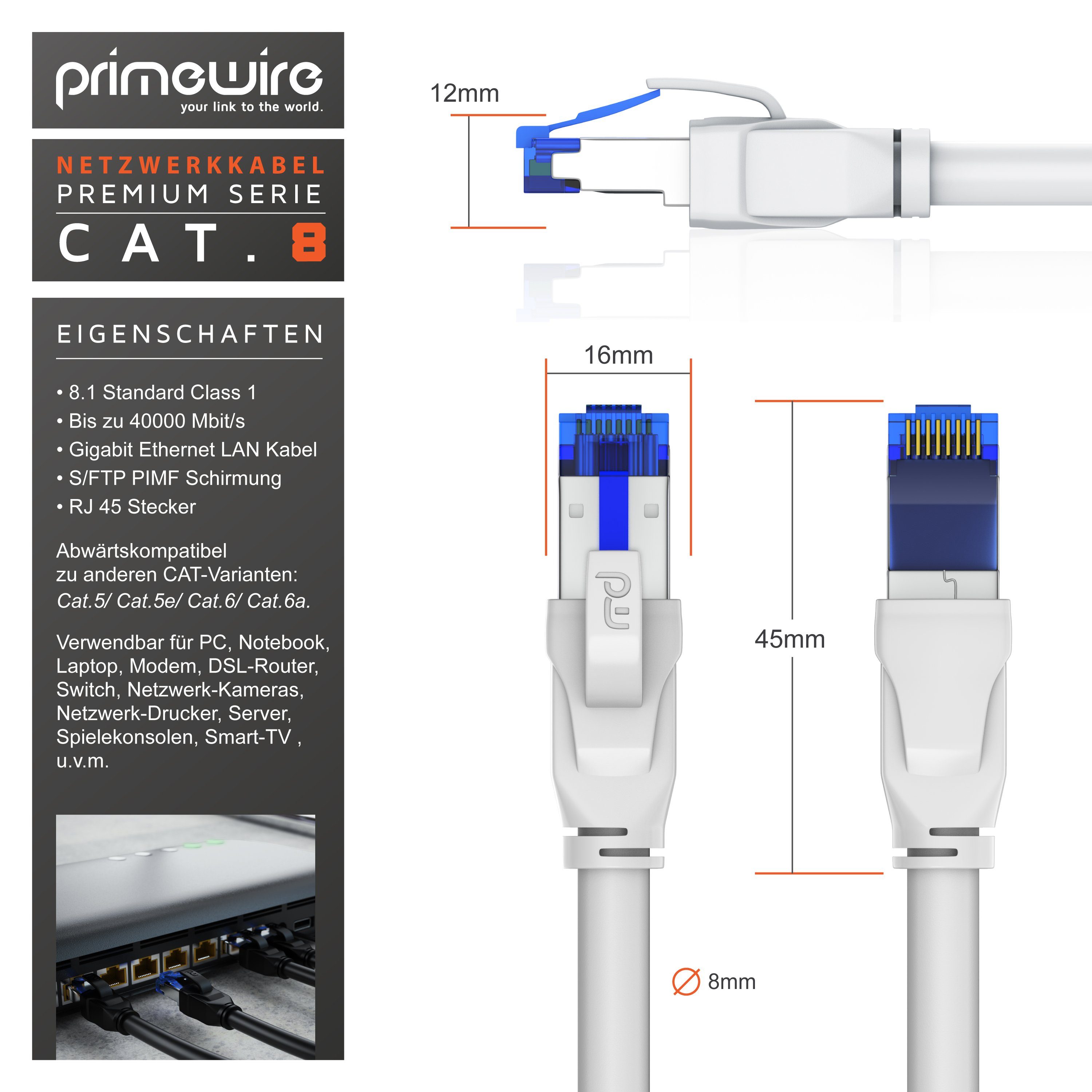 Primewire LAN-Kabel, CAT.8, RJ-45 (Ethernet) (25 cm), Patchkabel CAT 8 Gigabit Ethernet 40 Gbit/s S/FTP Netzwerkkabel, 0,25m