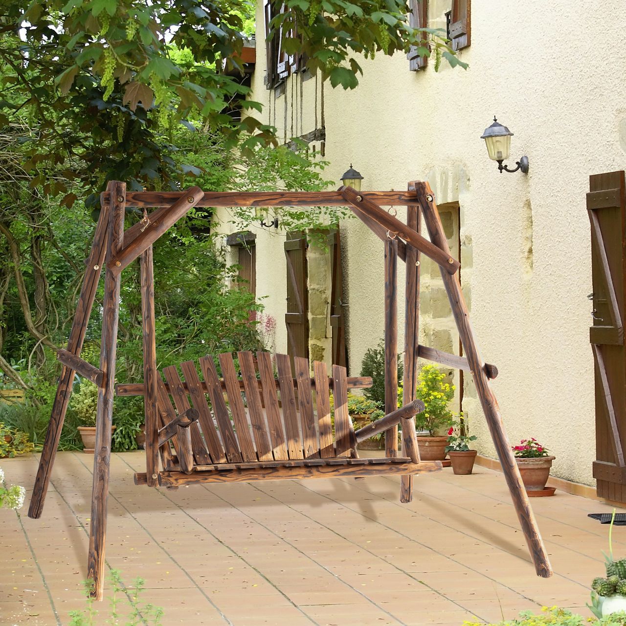 Outsunny Hollywoodschaukel Gartenschaukel 2-Sitzer Schaukelbank Massivholz Natur