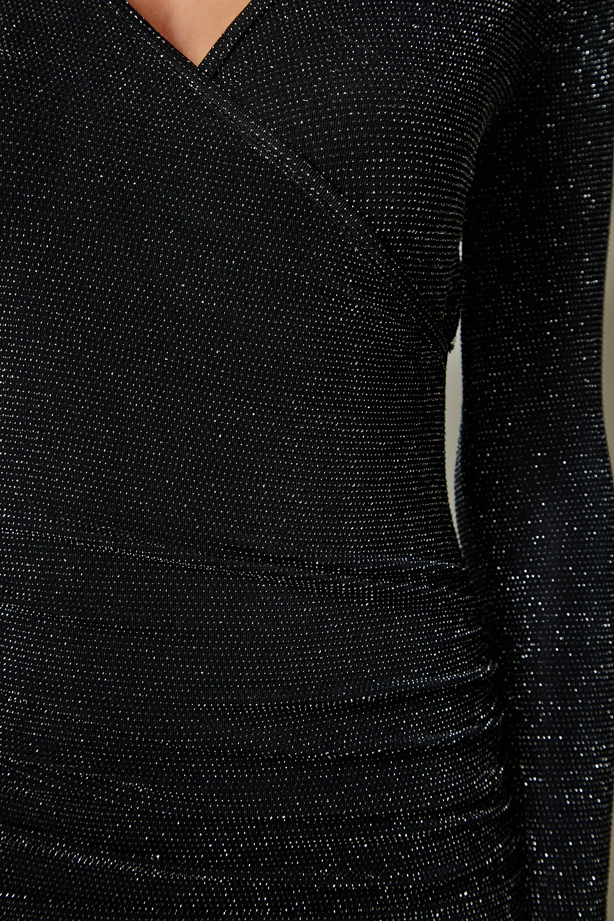 Happiness İstanbul  Dunkelgraues, glitzerndes, stilvolles Strickkleid mit Wickelkragen für Damen FF00142