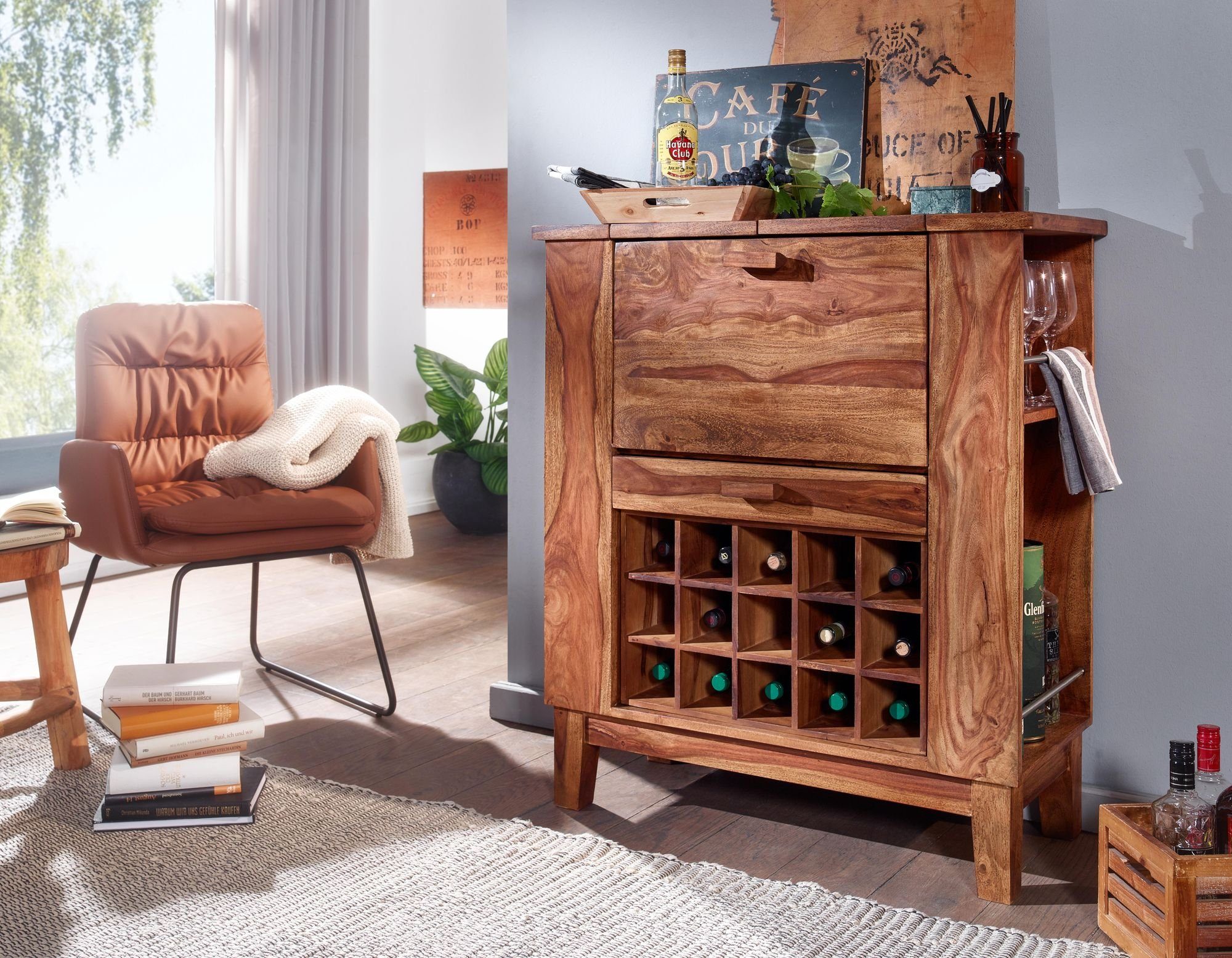 Wohnling Barschrank WL6.541 (Sheesham Massivholz 88x102x40 cm, Hausbar mit Tür) Weinbar Ausklappbar, Barschrank, Kleine Bar Buffet