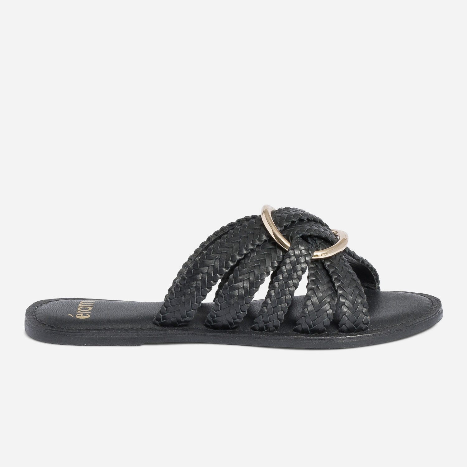Mule noire en cuir tressé avec maxi anneau
