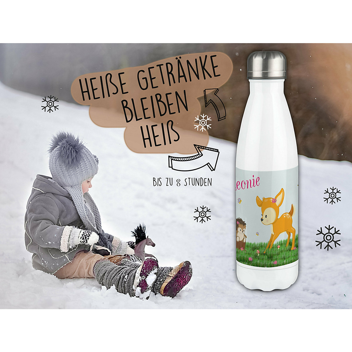 Edelstahl Kinder Thermoflasche / Trinkflasche bunt Reh Spülmaschinenfest, Auslaufsicher, Bruchfest, Doppelwandig, Für Heißgetränke geeignet, Mit Deckel, Isoliert