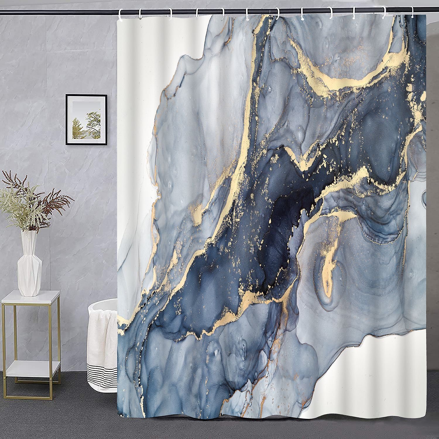 SCOHOME Duschvorhang Duschvorhang Abstrakte Blau Gold Marmoriert Kunst Breite 90 cm (Anti-Schimmel, Antibakteriell, Waschbar, 1-tlg., mit 12 Duschvorhängeringen), für Badewanne und Dusche