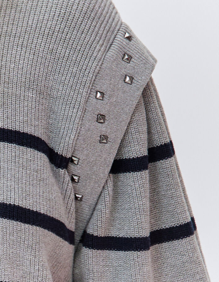 Pull gris tricot à rayures marine et clous Femme