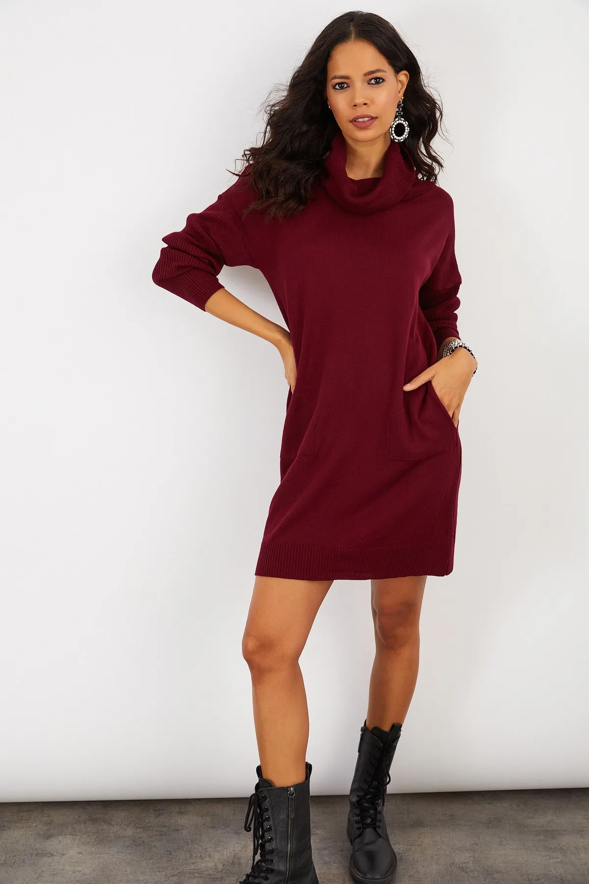 Cool & Sexy  Damen-Minikleid aus Strick mit Kragen in Burgunderrot YV73