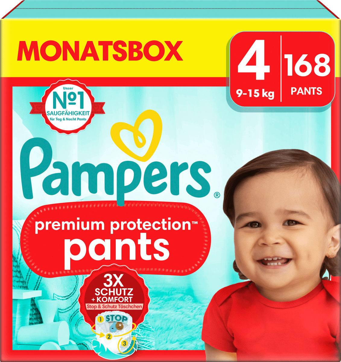 Windeln Premium Protection Pants Gr.4 Maxi (9-15k g), Monatsbox, 168 St